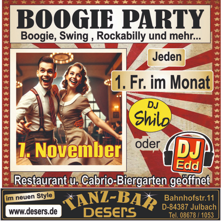 07.11.2025 Boogieparty im Deser's, Buch/Julbach mit DJ. Shilo oder Ed