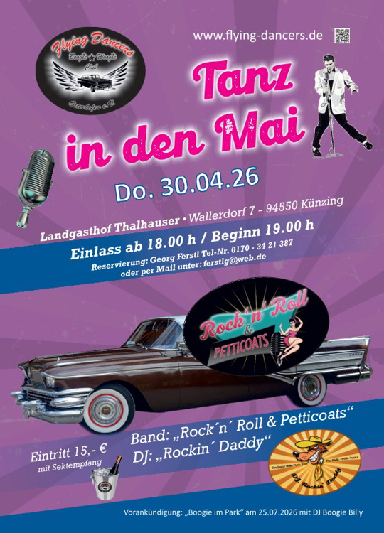 30.04.2026 Tanz in den Mai der Flying Dancers, Osterhofenmit der Liveband�Rock'n'Roll & Petticoats�und�DJ. Rockin' Daddy ***