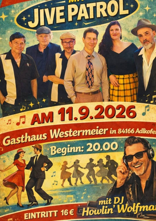 11.09.2026 Boogie Tanz Party mit Live Band Jive Patrol im GH Westermeier mit DJ. Howlin Wolfman